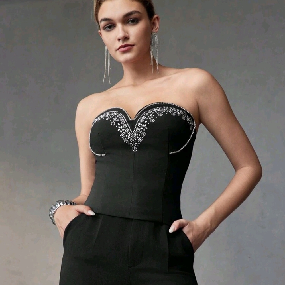SHEIN Black Strapless Top with Embellished Detail